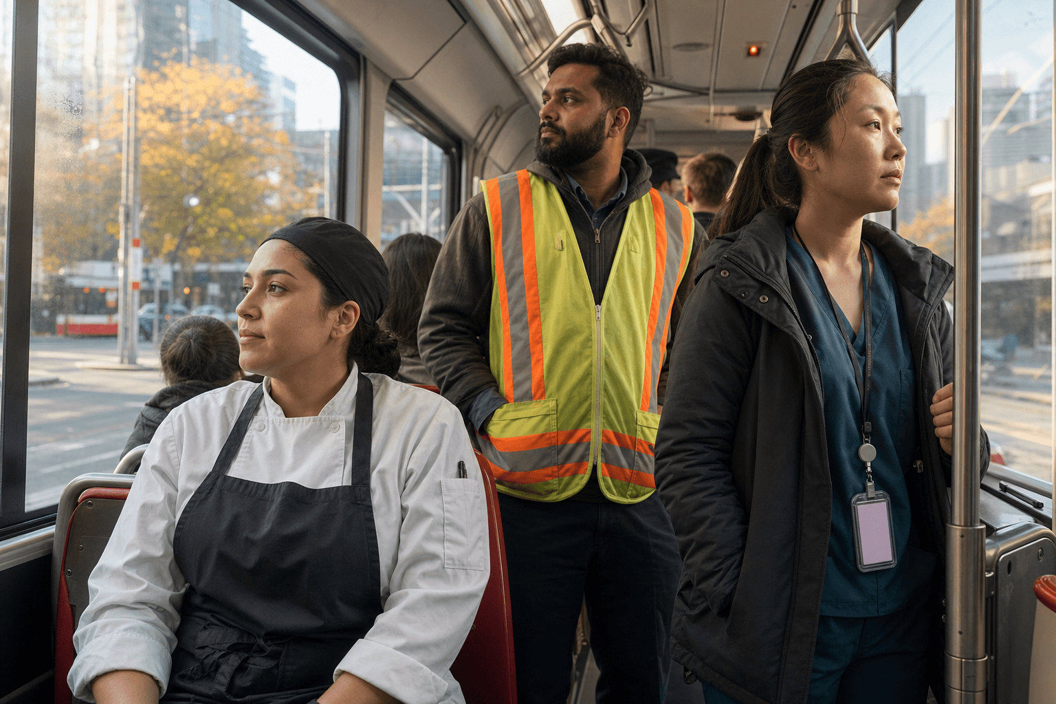 Hourly workers commuting in Toronto — restaurant, warehouse, and care staff heading to shift work